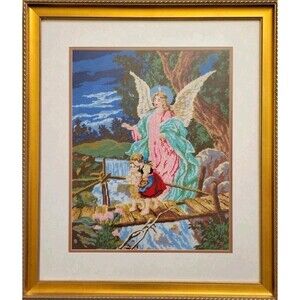 Rare Vintage Signed Guardian ANGEL Needlepoint 24x28 Gold Ornate Framed Glass